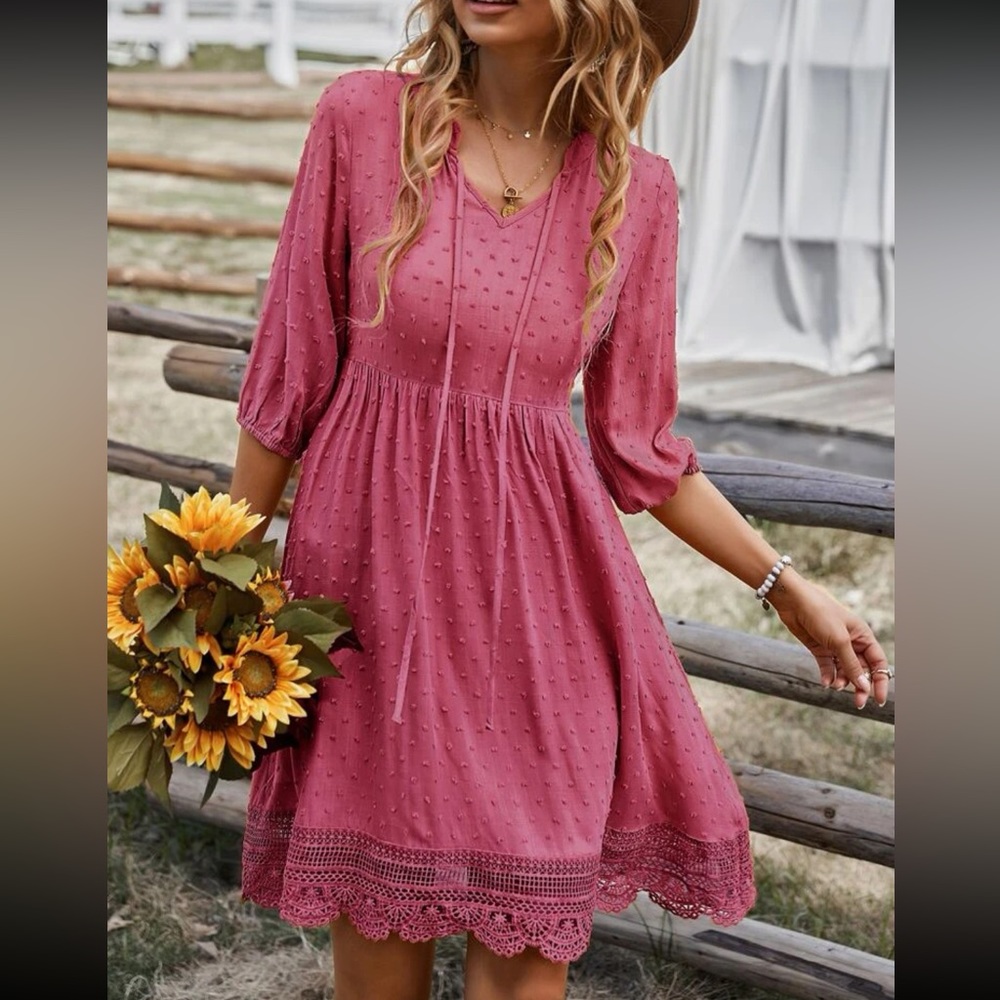 Boho Swiss dot tie neck lace insert dress